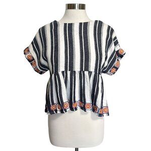 Anthropologie Maeve M Embroidered Blue White Striped Open Back Linen Blouse